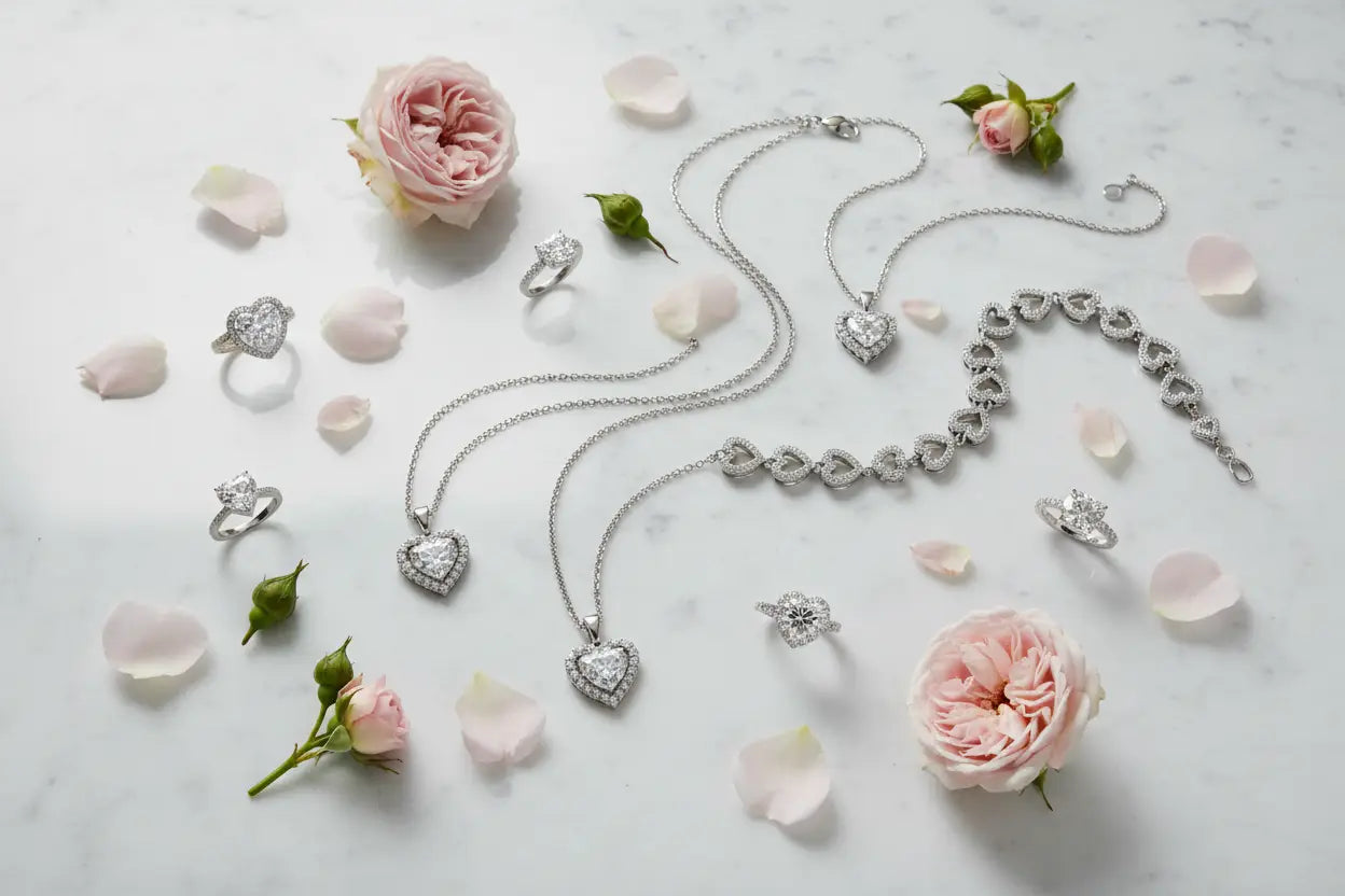 Diamond heart pendant necklaces, heart link bracelet, and heart motif rings in white gold and sterling silver – Bijoux NYC Direct Heart Jewelry Collection