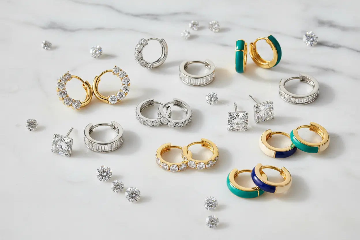 Diamond huggie and huggy hoop earrings in graduated, baguette and round, invisible set princess cut, and enamel styles in 14K yellow and white gold and sterling silver – Bijoux NYC Direct