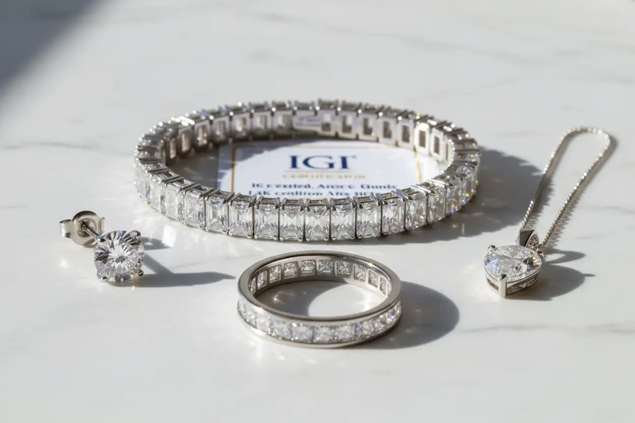 IGI certified diamond jewelry including emerald cut lab grown tennis bracelet, round brilliant solitaire stud earrings, princess cut eternity wedding band, and pear pendant necklace in 10K–18K white and yellow gold – Bijoux NYC Direct