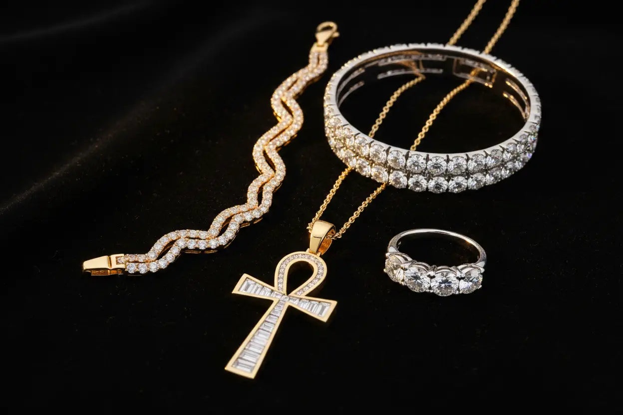 Luxury diamond jewelry gifts $5,000–$10,000 including pavé wave bracelet, double row tennis bracelet, ankh cross pendant & five-stone band ring in 10K–14K gold – Bijoux NYC Direct