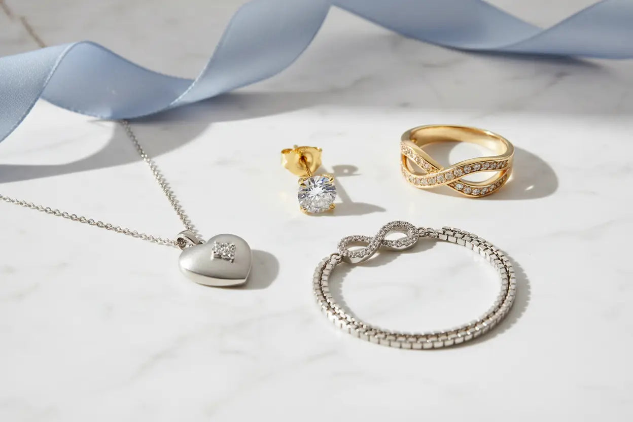 Fine jewelry gifts from $500 to $1,500 including lab grown diamond stud earrings, champagne diamond wavy band ring, diamond infinity bolo bracelet, and diamond heart pendant necklace in 14K gold and sterling silver – Bijoux NYC Direct