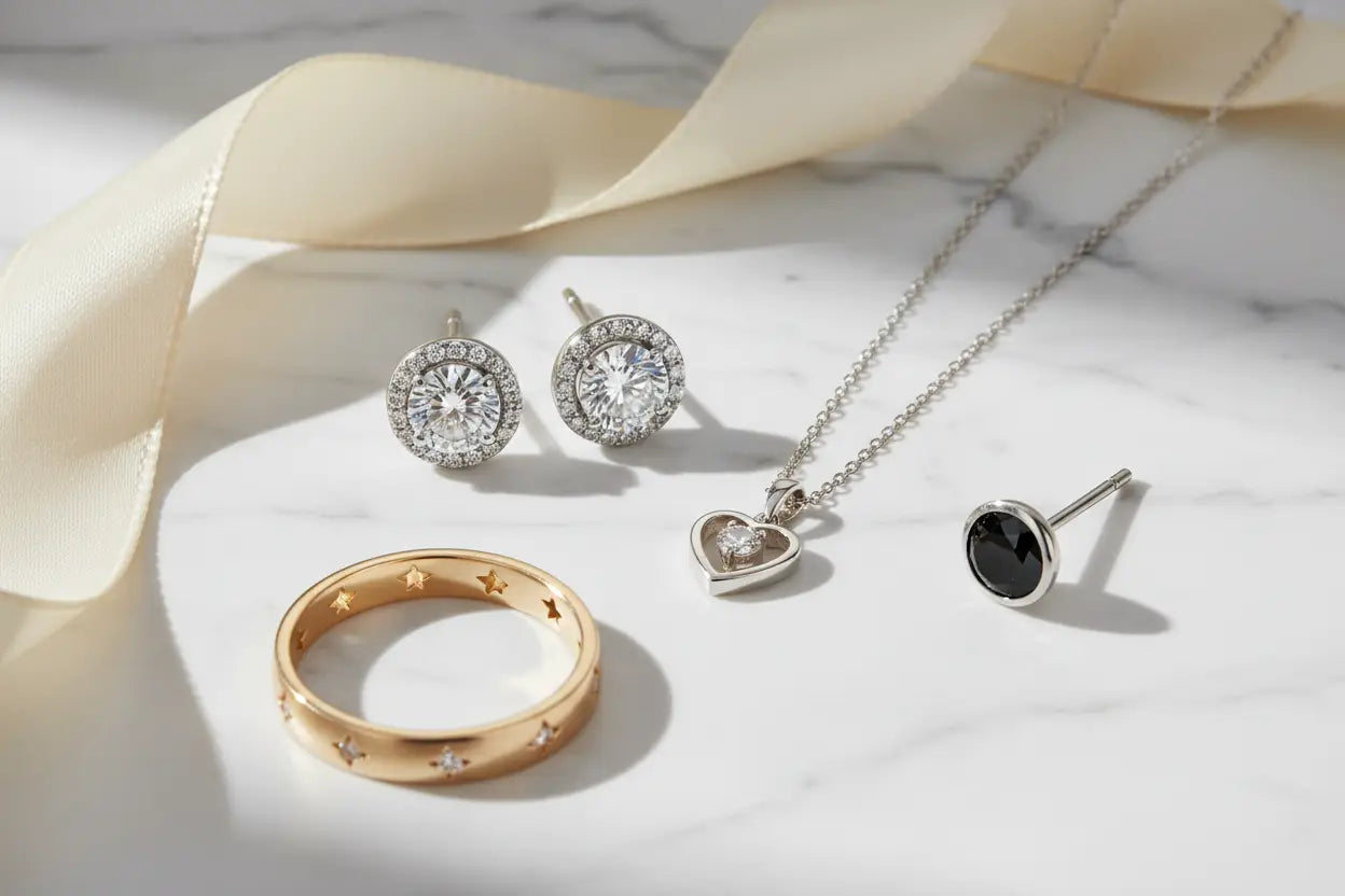 Fine jewelry gifts under $500 including diamond miracle halo stud earrings, bezel set diamond heart pendant necklace, champagne diamond band ring, and black diamond stud earrings in sterling silver and gold – Bijoux NYC Direct