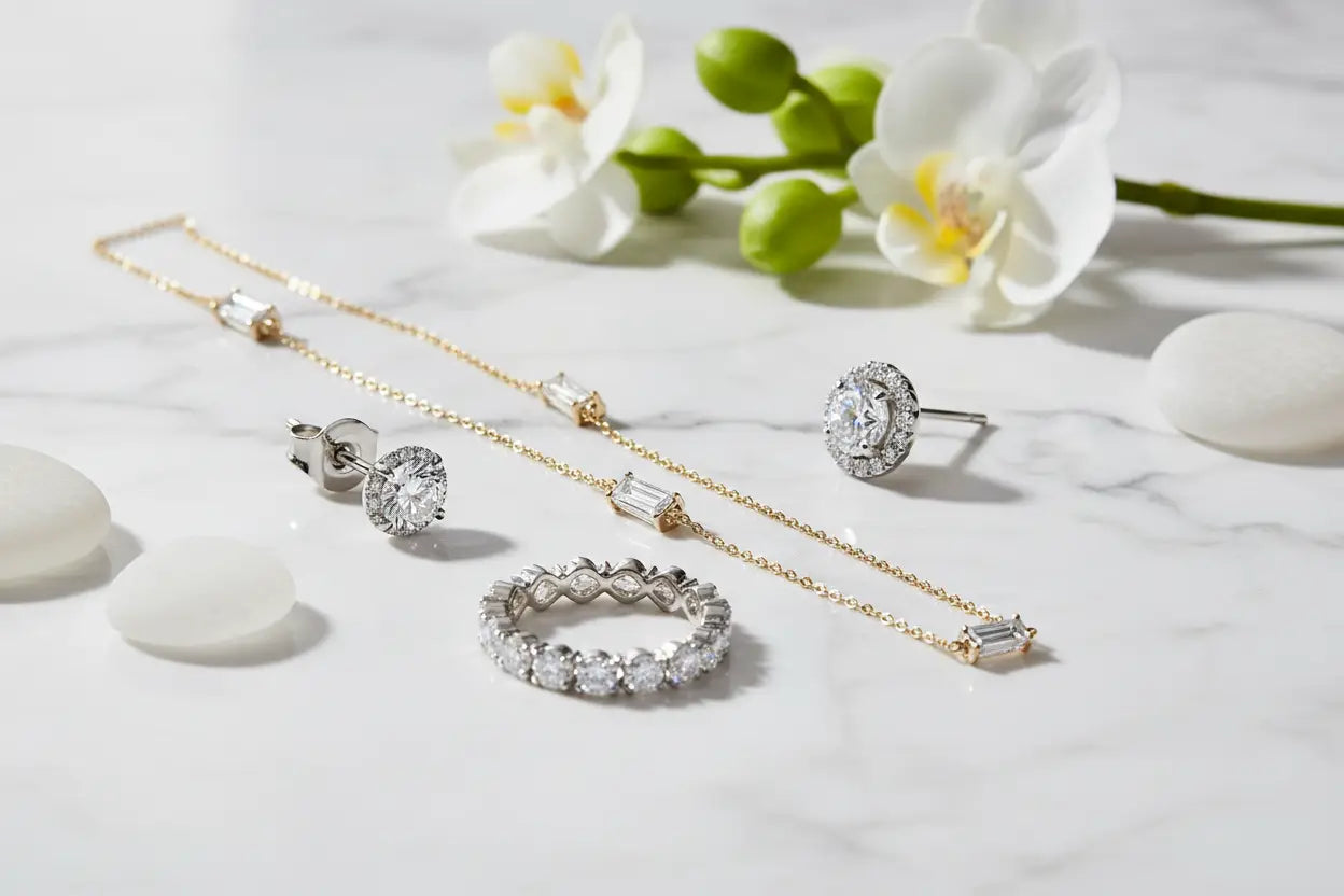 Lab grown diamond jewelry including solitaire stud earrings, emerald cut station necklace, pear shaped band ring, and halo stud earrings in 10K and 14K white and yellow gold – Bijoux NYC Direct