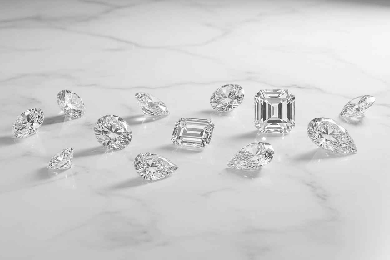 Assorted lab-grown diamonds including round, oval, cushion, emerald, and pear cuts arranged on white marble with soft studio lighting and brilliant light refractions