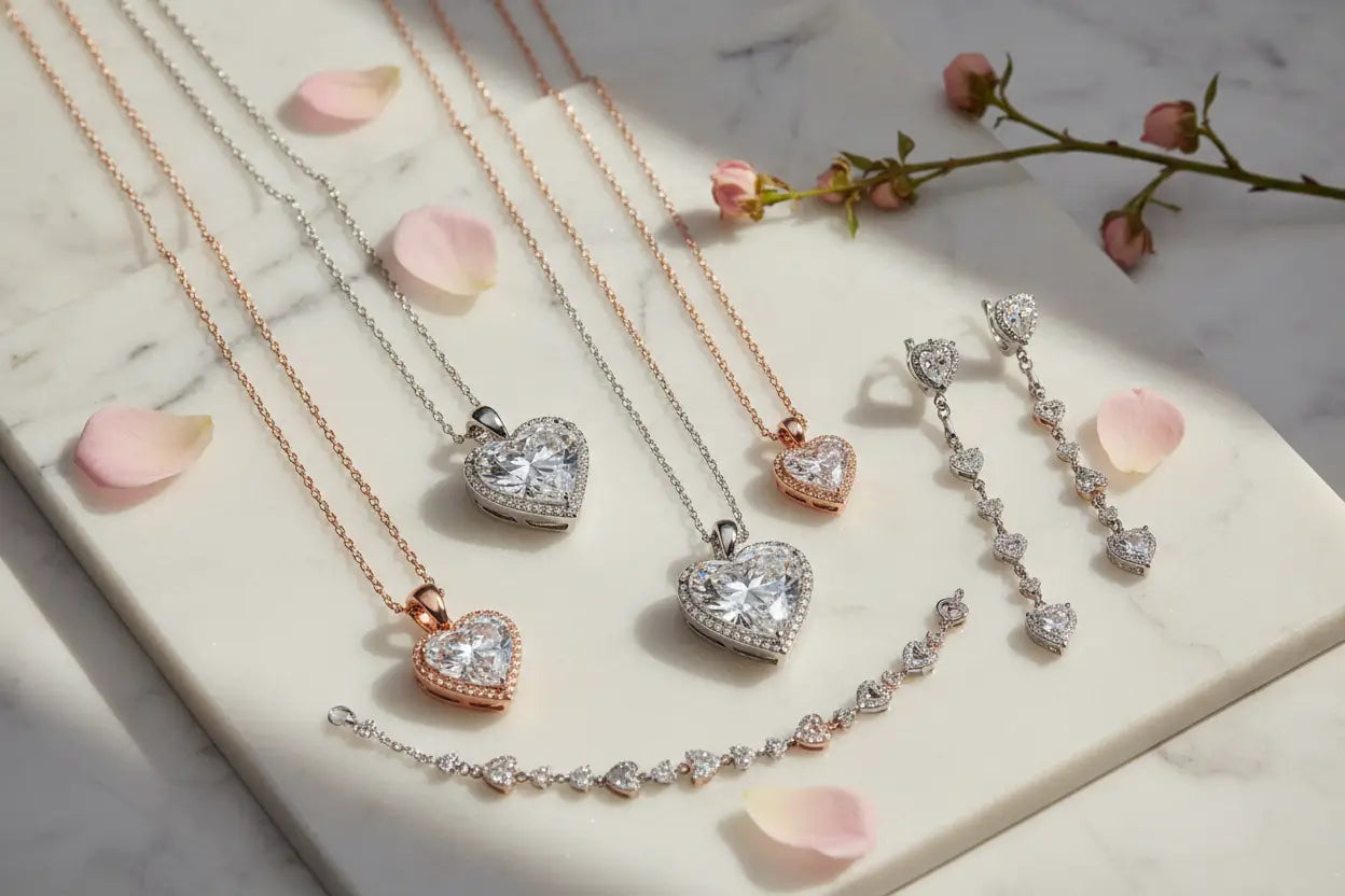 Limited stock diamond heart pendant necklaces, heart charm bracelet, and heart dangle earrings in sterling silver, white gold, and rose gold – Bijoux NYC Direct