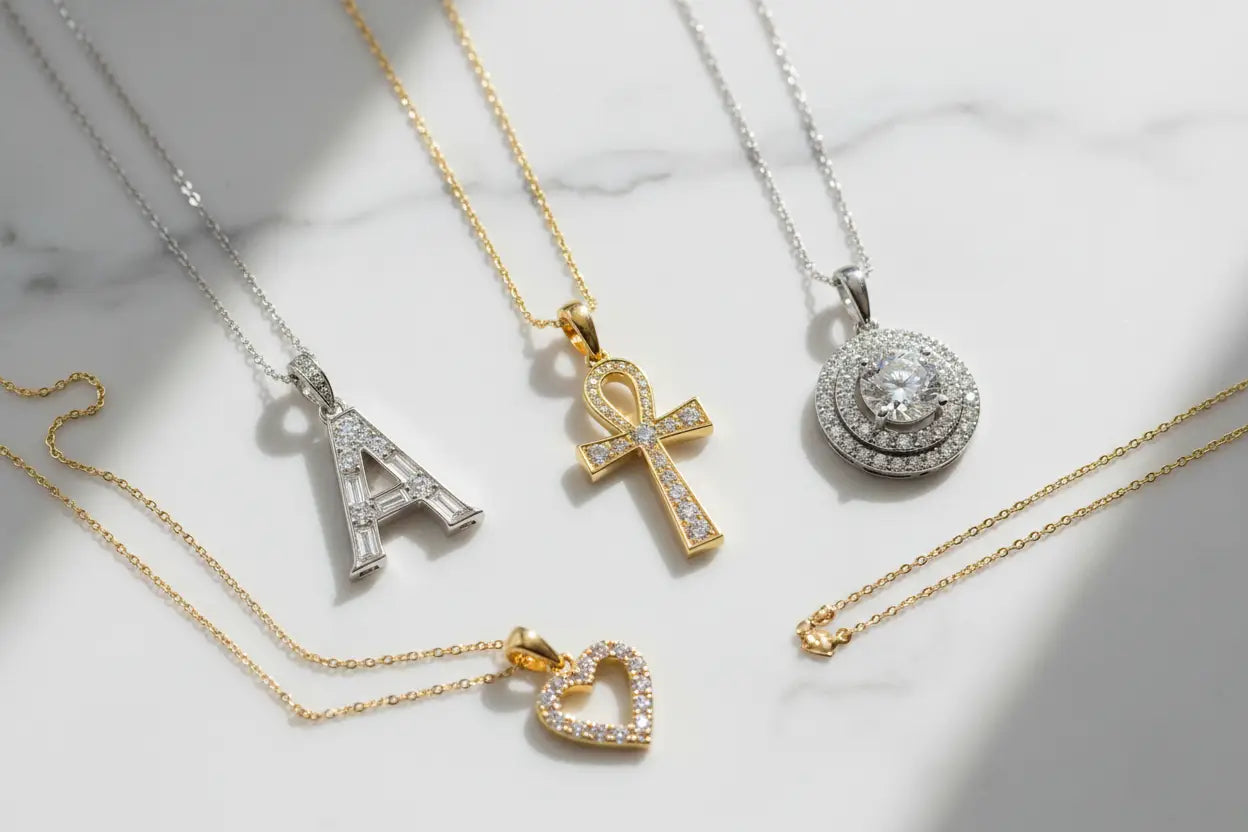 Limited stock diamond pendant necklaces including ankh cross, initial letter, geometric halo, and heart styles in 10K gold – Bijoux NYC Direct