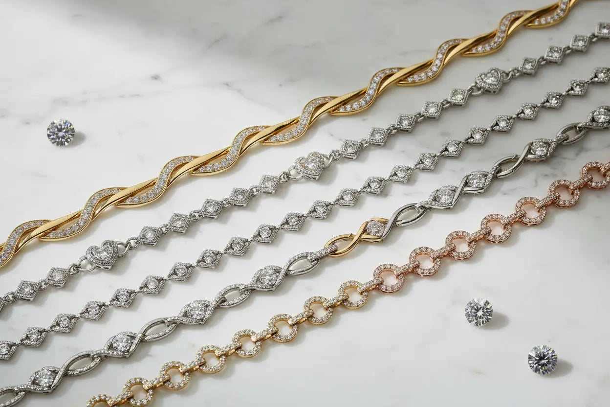 Diamond link bracelets in wave, bezel, heart, X-link, and circle styles in 10K and 14K yellow, white, and two-tone gold and sterling silver – Bijoux NYC Direct