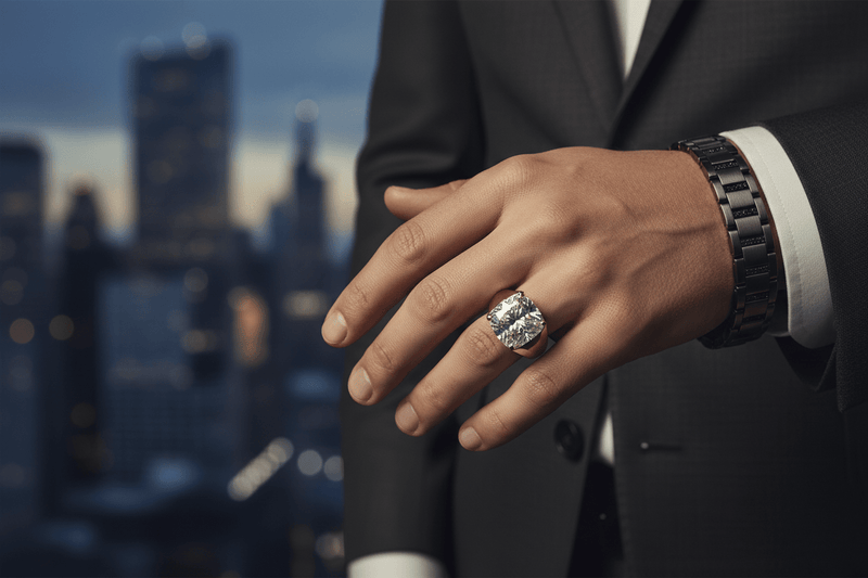 Well-dressed man wearing a bold diamond ring and fine gold bracelet — Bijoux-NYC Direct Men's Jewelry Collection