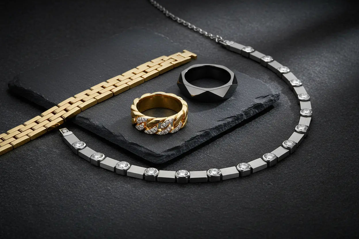 Men's diamond jewelry including Cuban link band ring, geometric band ring, diamond link bracelet & eternity station necklace in 14K gold and sterling silver – Bijoux NYC Direct