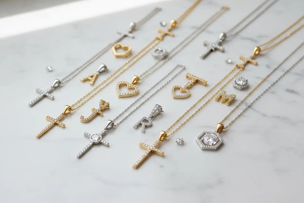 Diamond pendant necklaces in gold and sterling silver including cross, initial, heart, and geometric styles – Bijoux NYC Direct