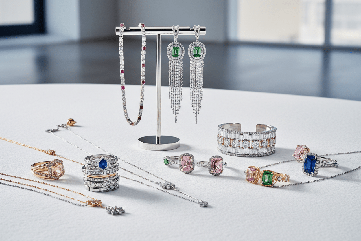 New arrivals in fine diamond and gemstone jewelry from BijouxNYC Direct — rings, necklaces, earrings, and bracelets in sterling silver and gold settings.