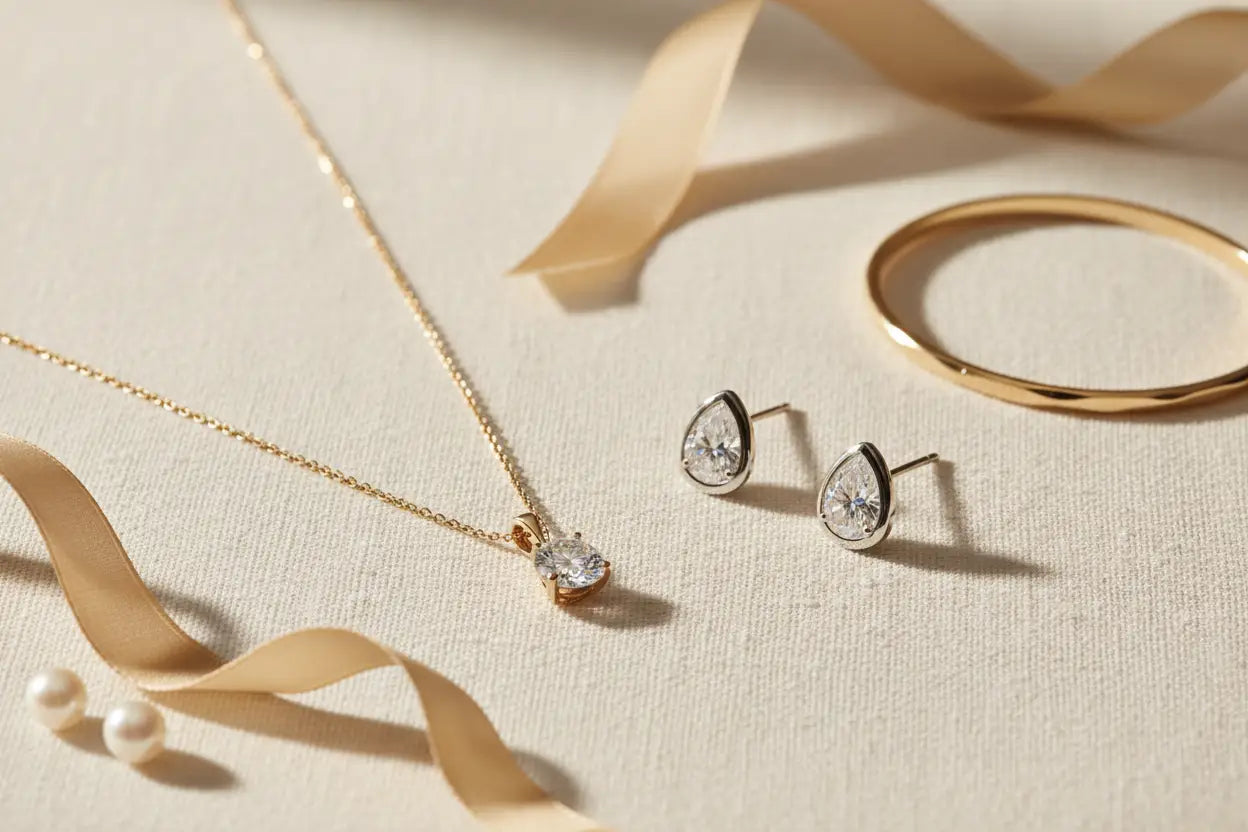 Newly arrived fine jewelry — diamond pendant necklace, stud earrings, and gold bracelet styled on ivory — New Arrivals at Bijoux-NYC Direct.