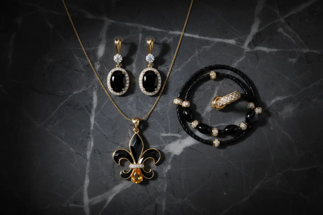 Black onyx diamond halo earrings, Fleur de Lis pendant necklace, and onyx bolo bracelet — black onyx fine jewelry collection at Bijoux NYC Direct
