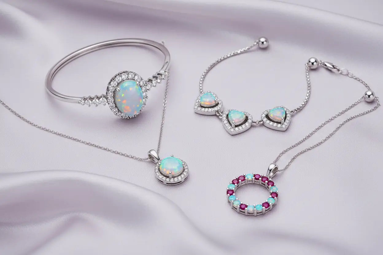 Created opal halo bangle, triple heart bolo bracelet, and opal pendant necklaces in sterling silver — opal fine jewelry collection at Bijoux NYC Direct