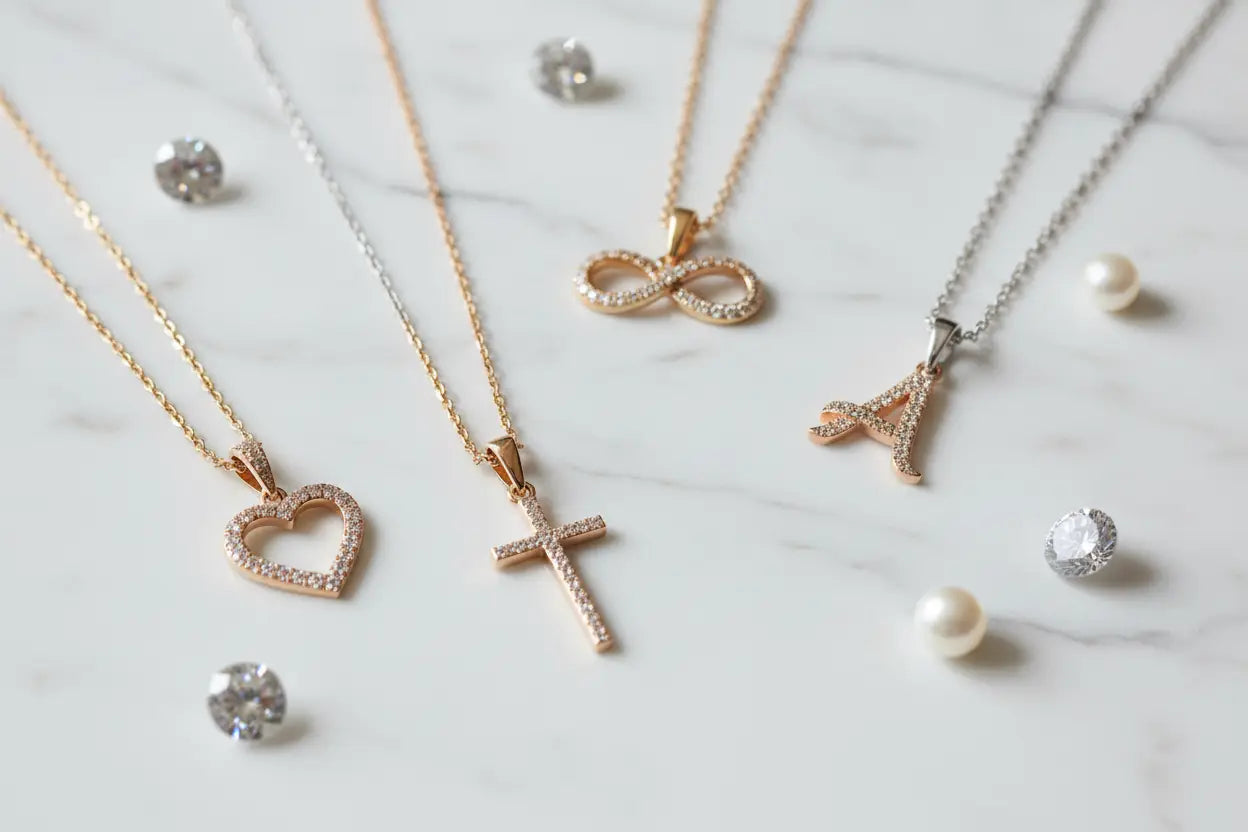 Diamond pendant necklaces in heart, cross, infinity, swirl, and initial letter styles in sterling silver and gold – Bijoux NYC Direct