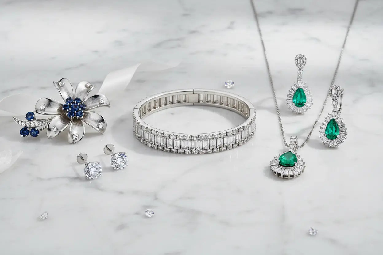 Platinum diamond bracelet, sapphire brooch, emerald jewelry set, and diamond stud earrings — platinum fine jewelry collection at Bijoux NYC Direct