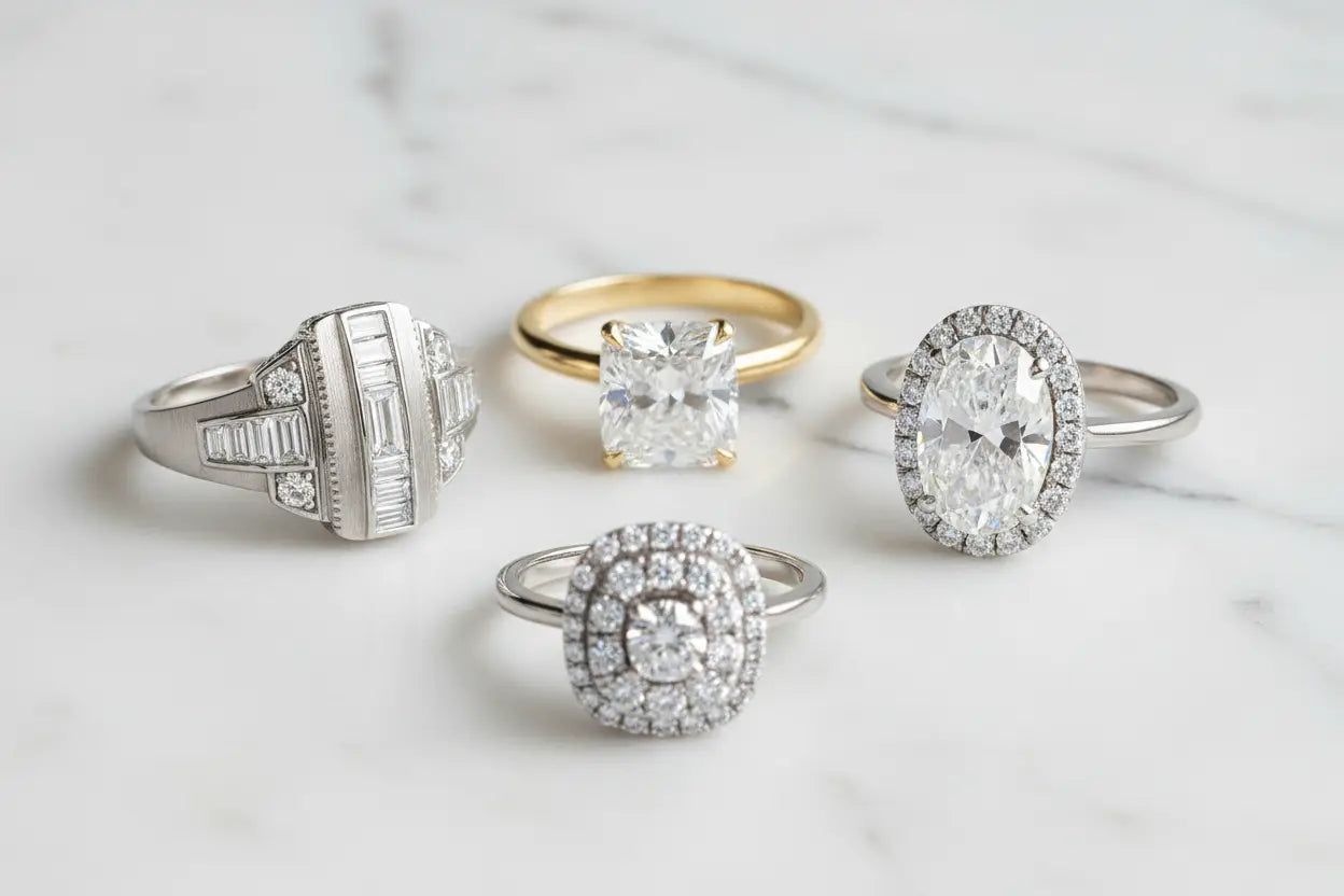 Diamond engagement and cocktail rings in solitaire, art deco, oval halo, and composite styles in 10K and 14K yellow and white gold and sterling silver – Bijoux NYC Direct