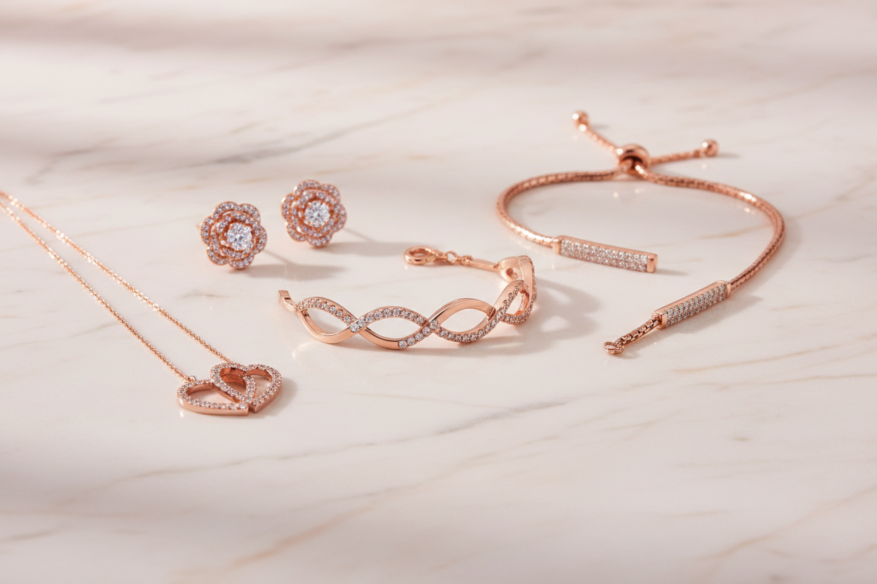 Rose gold diamond infinity bracelet, floral stud earrings, and double heart pendant necklace — rose gold fine jewelry collection at Bijoux NYC Direct