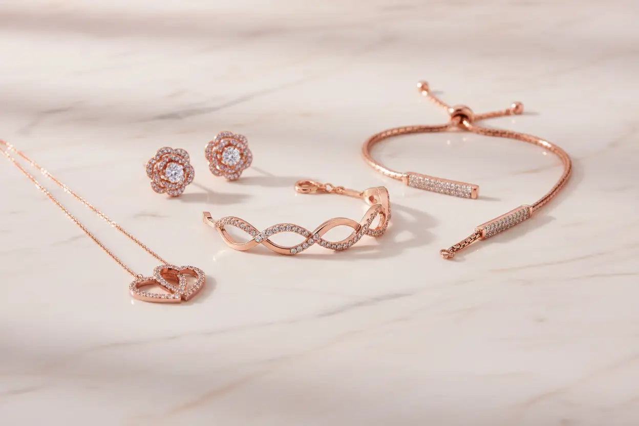 Rose gold diamond infinity bracelet, floral stud earrings, and double heart pendant necklace — rose gold fine jewelry collection at Bijoux NYC Direct