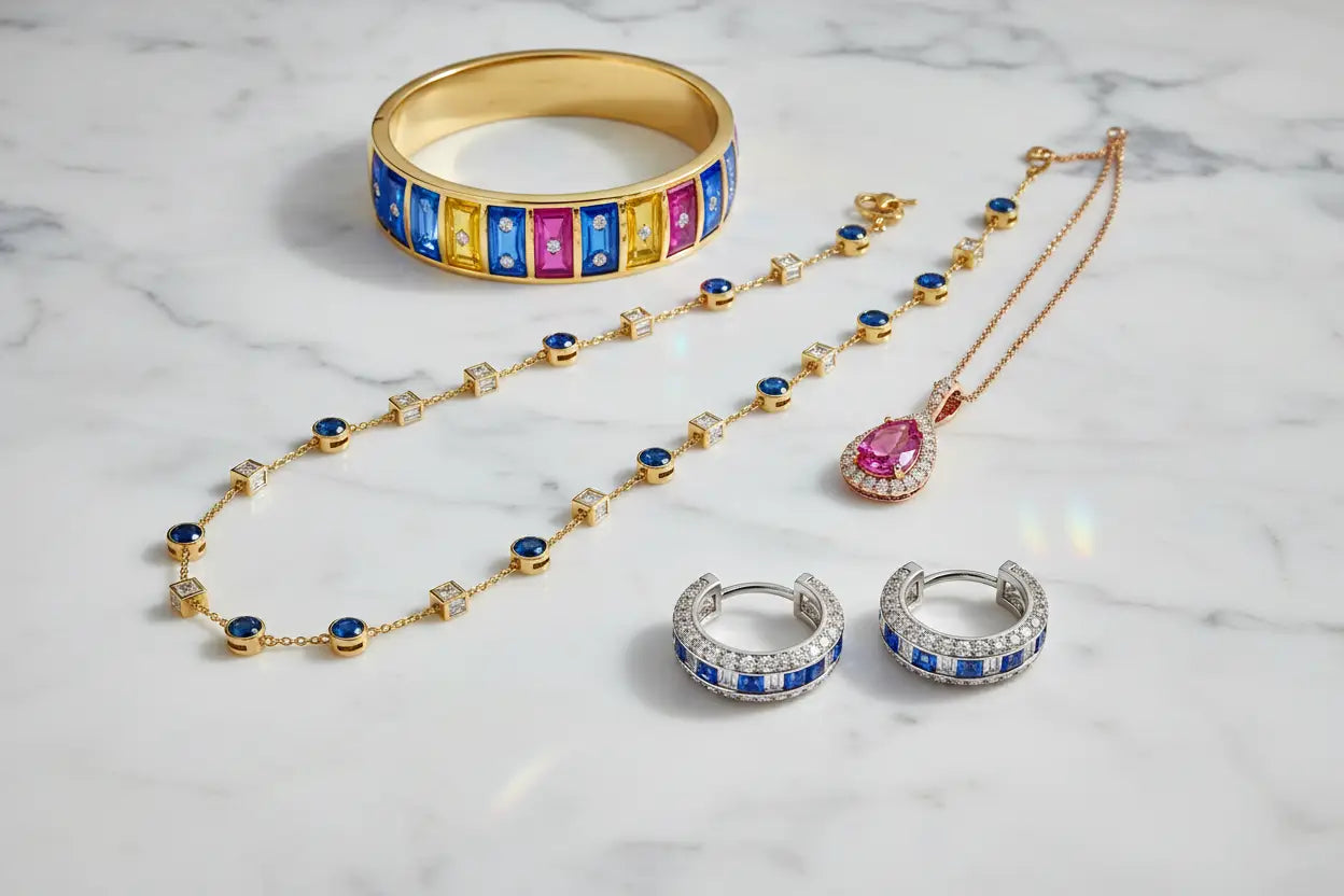 Blue sapphire diamond station necklace, pink sapphire pendant, sapphire hoop earrings, and colorful sapphire bangle — sapphire fine jewelry collection at Bijoux NYC Direct