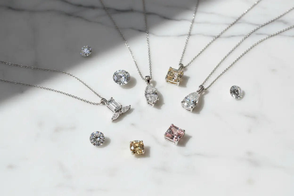 Diamond solitaire pendant necklaces in oval east-west, marquise, pear, and emerald cut in 14K white gold including lab grown options – Bijoux NYC Direct