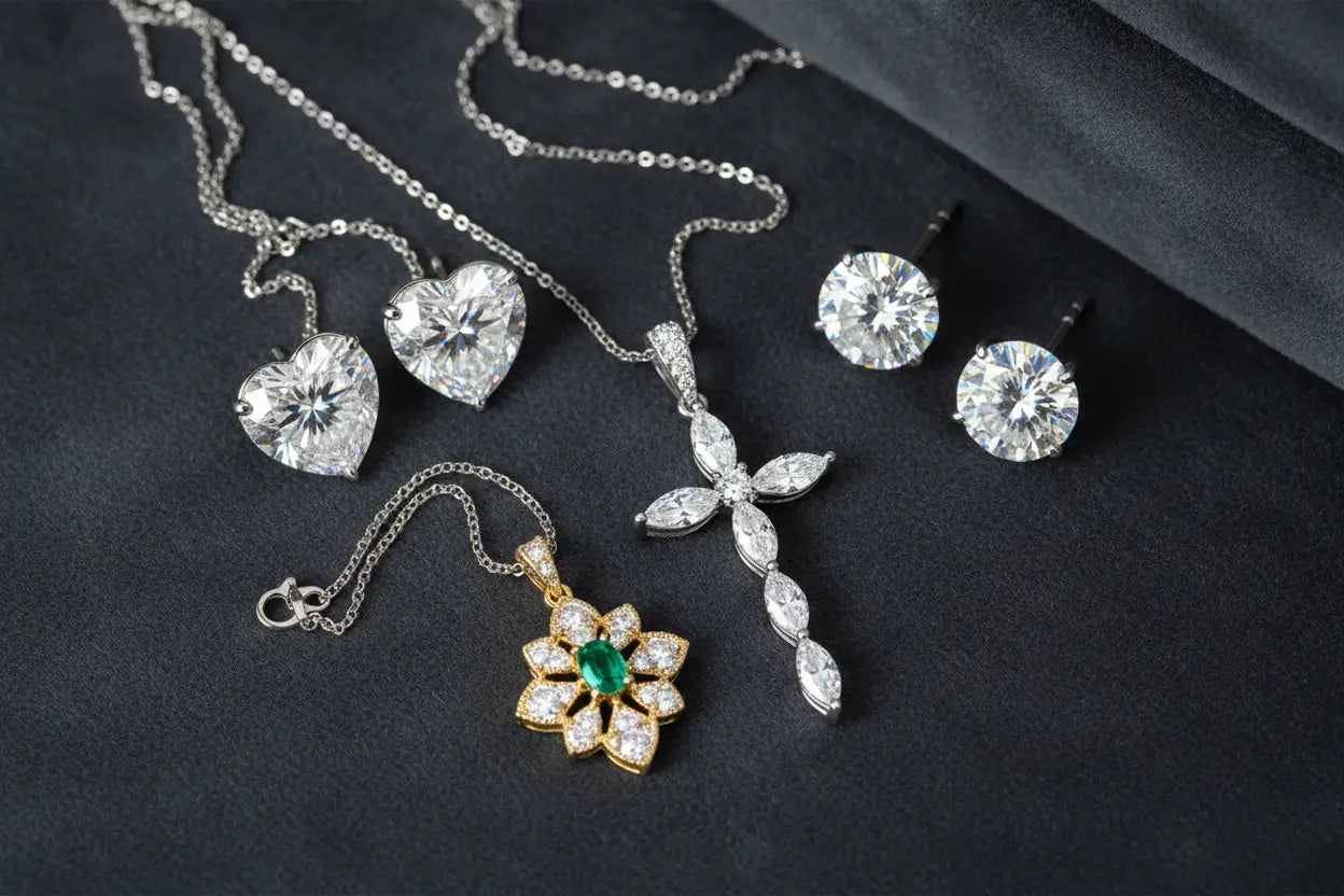 Diamond cross pendant, heart diamond studs, lab grown diamond earrings, and gemstone motif pendant — specialty fine jewelry collections at Bijoux NYC Direct