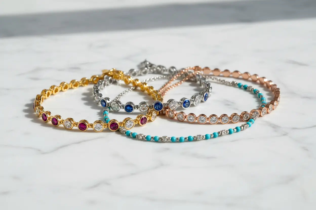 Diamond and gemstone station bracelets including ruby, sapphire, emerald, and lab grown diamond bezel styles in 14K gold and sterling silver – Bijoux NYC Direct
