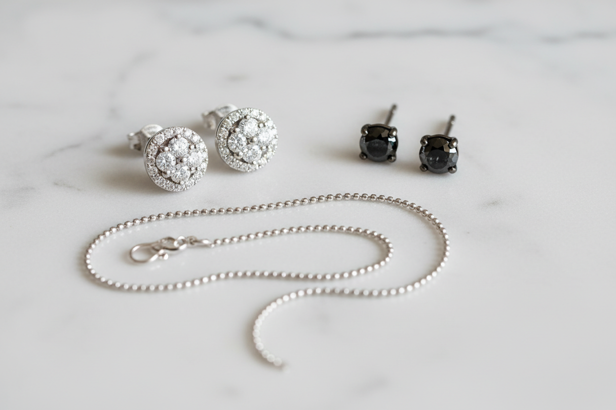 Diamond halo stud earrings and dainty .925 sterling silver ball bead chain necklace — sterling silver fine jewelry collection at Bijoux NYC Direct