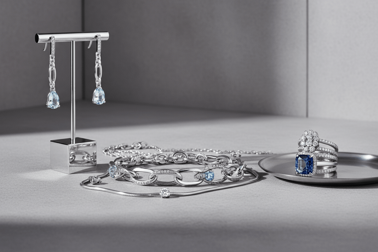 Elegant arrangement of .925 sterling silver jewelry including bracelets, necklaces, earrings, and rings with real diamonds and gemstones on a clean neutral background.