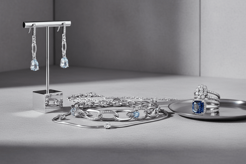 Elegant arrangement of .925 sterling silver jewelry including bracelets, necklaces, earrings, and rings with real diamonds and gemstones on a clean neutral background.