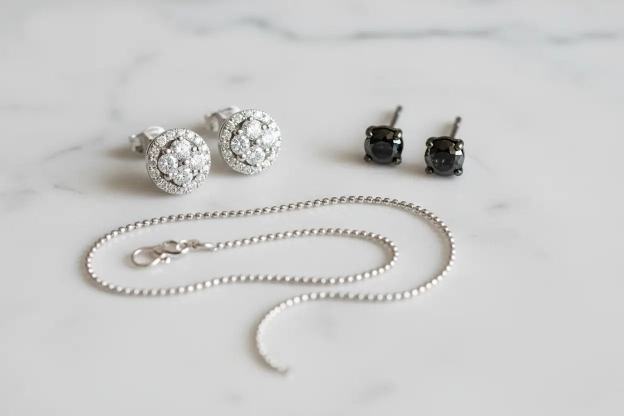 Diamond halo stud earrings and dainty .925 sterling silver ball bead chain necklace — sterling silver fine jewelry collection at Bijoux NYC Direct