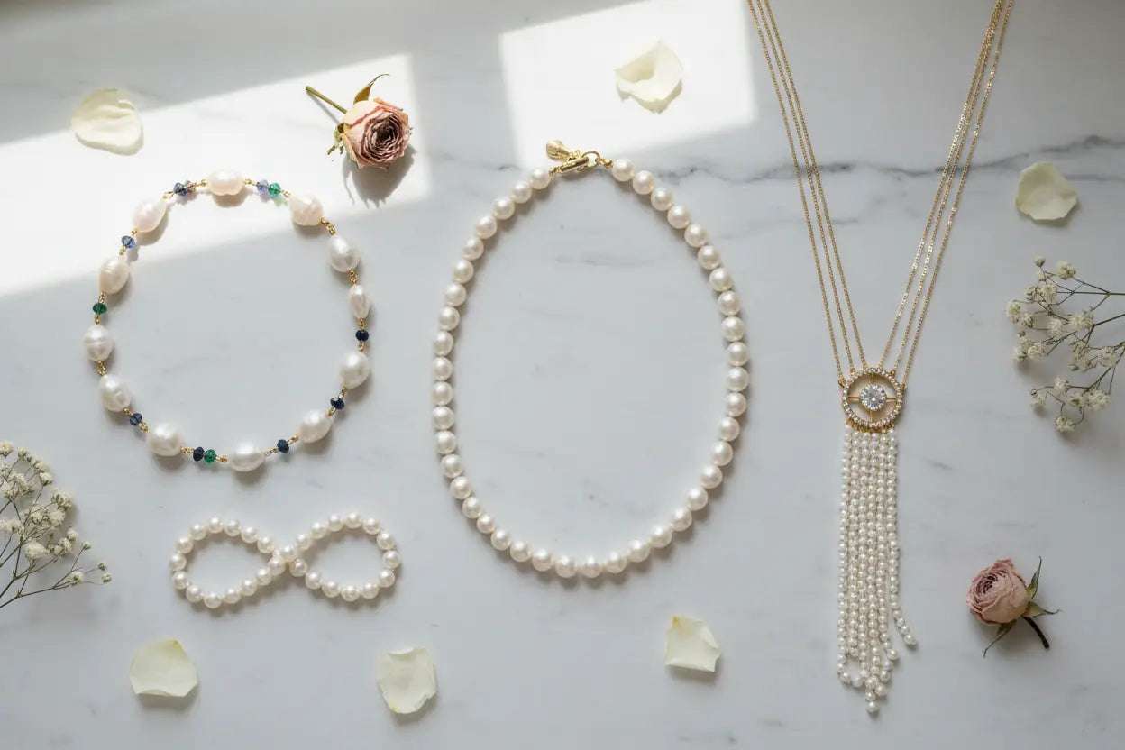 Pearl and diamond strand necklaces including Akoya pearl, baroque pearl with gemstone accents, and cultured pearl infinity styles in 14K gold and 18K vermeil – Bijoux NYC Direct