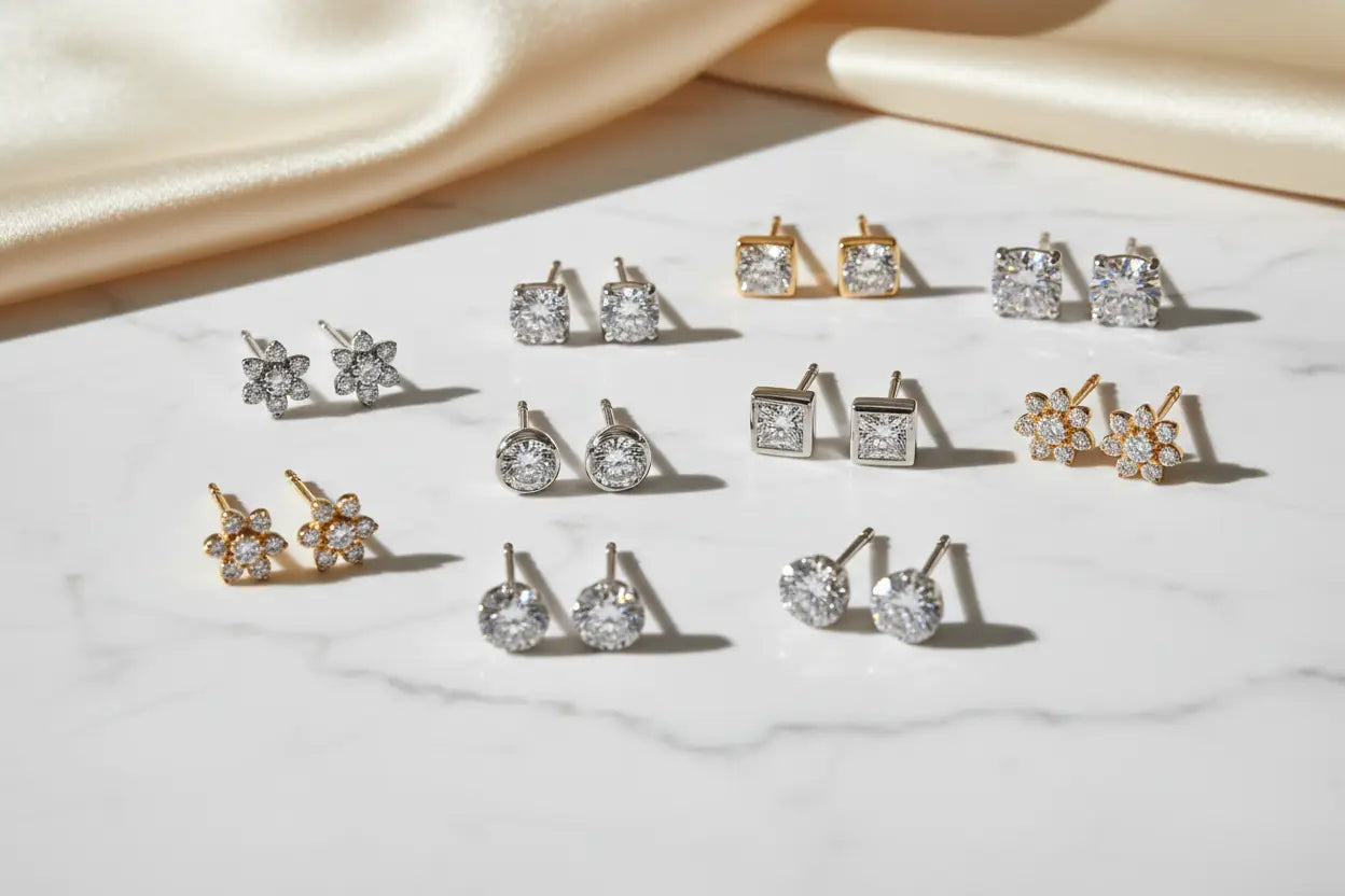 Diamond stud earrings in solitaire, princess cut, bezel set, and floral styles in 14K gold and sterling silver – Bijoux NYC Direct