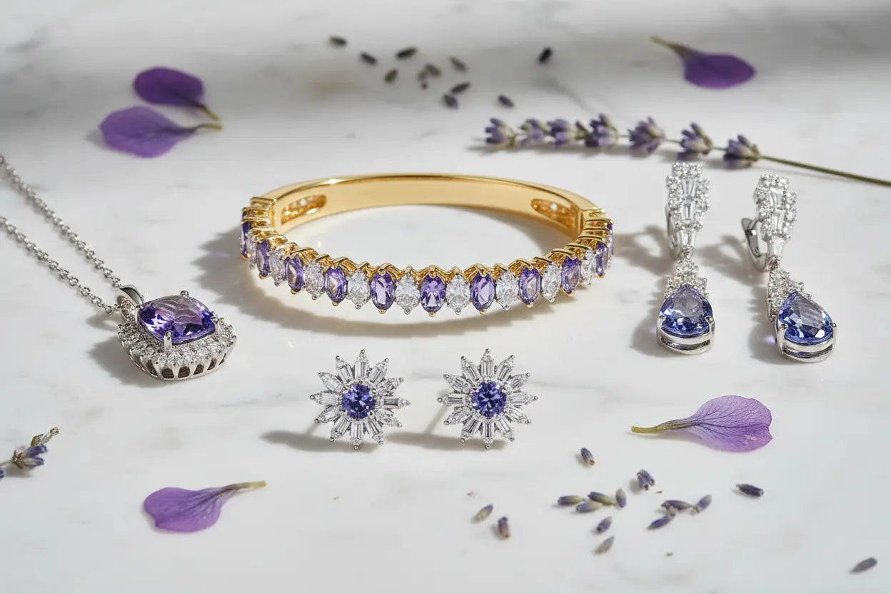 Tanzanite and diamond jewelry including bangle bracelet, purple tanzanite halo pendant, blue tanzanite drop earrings, and sunburst stud in 14K and 18K yellow and white gold – Bijoux NYC Direct