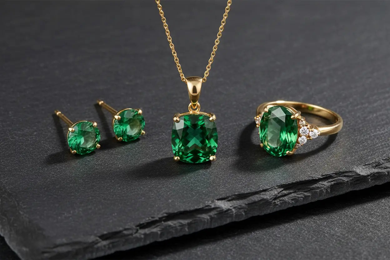 Tsavorite green garnet jewelry flat lay on dark slate — pendant, earrings & ring in gold settings – Bijoux NYC Direct