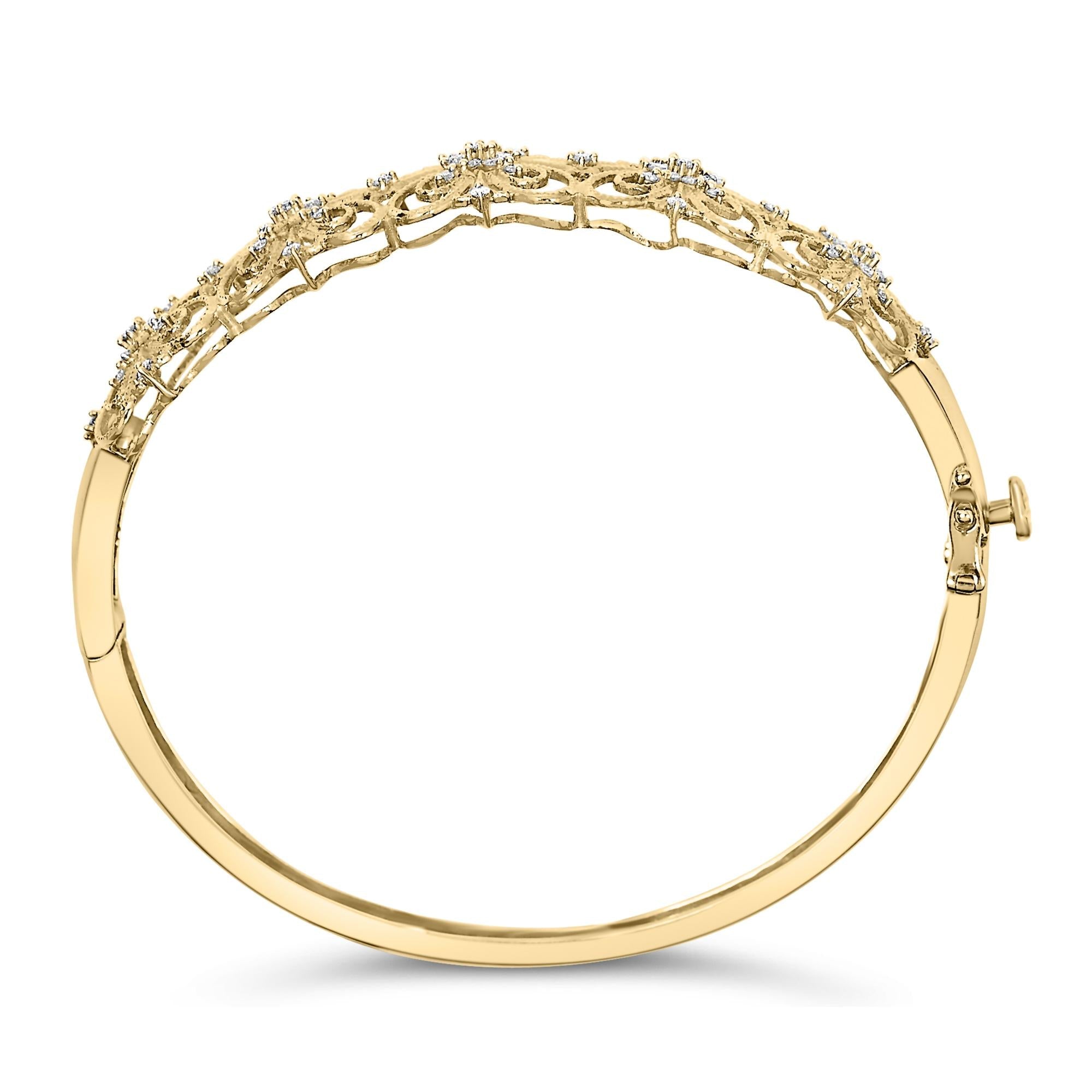 14K Gold 1.00 Cttw Diamond Vintage Inspired Floral Bangle Bracelet (H-I Color, SI1-SI2 Clarity) - 7.75" Inches