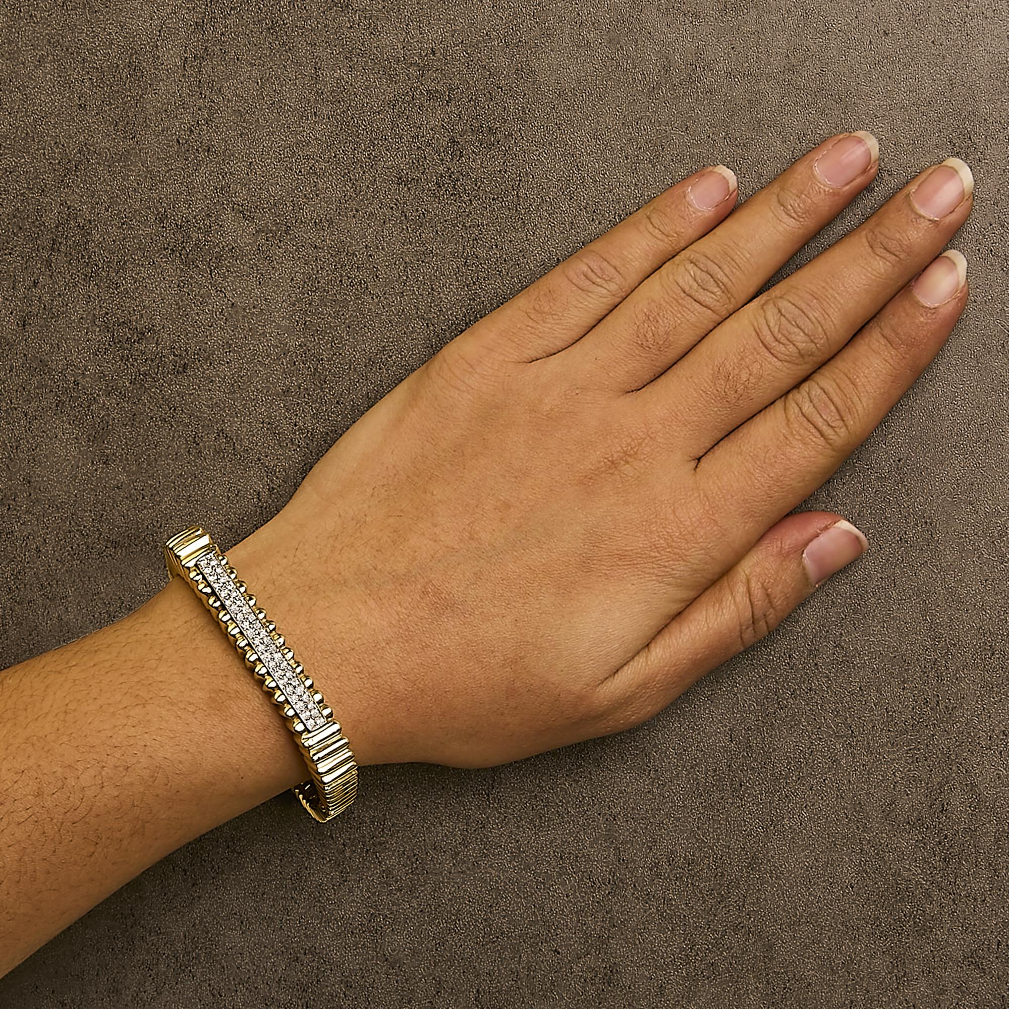 14K Yellow Gold 1 1/4 Cttw Diamond Ribbed Rounded Rectangle Bangle Bracelet (G-H Color, VS2-SI1 Clarity) - 7.75" Inches