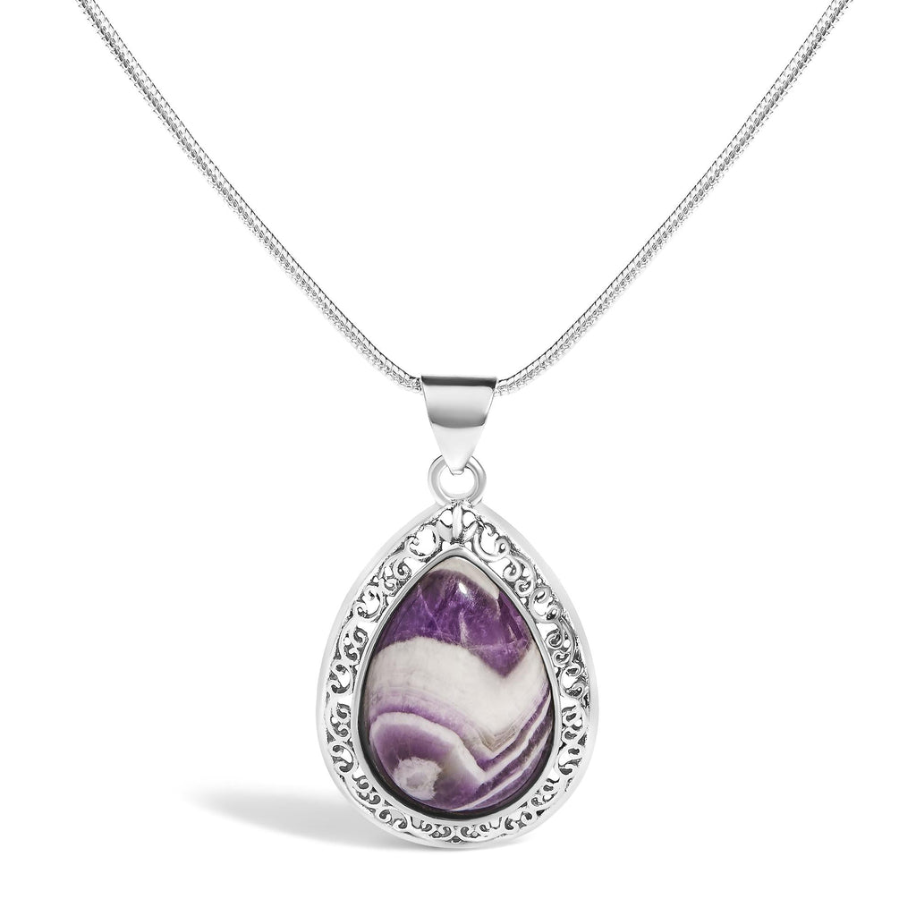 Chevron Amethyst Teardrop Pendant Necklace in Sterling Silver – Natural Gemstone