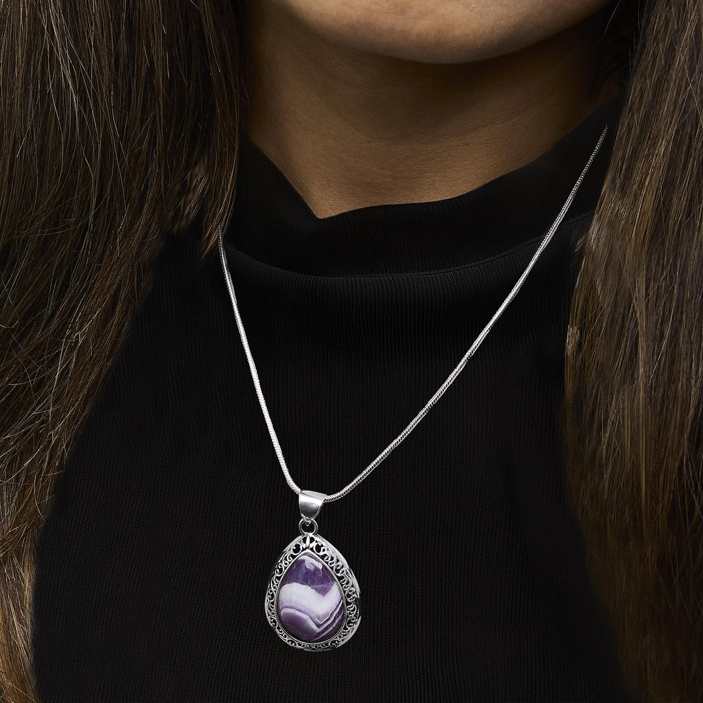 Chevron Amethyst Teardrop Pendant Necklace in Sterling Silver – Natural Gemstone