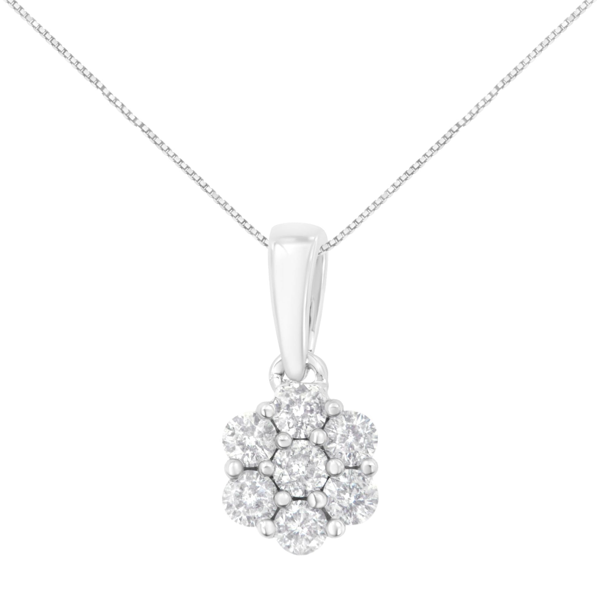 14K White Gold 1/2 cttw Prong Set Round-Cut Diamond 7 Stone Floral Cluster 18" Pendant Necklace (H-I Color, I1-I2 Clarity) - Bijoux-NYC Direct