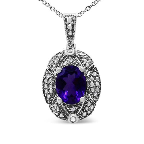 Silver pendant with a purple gemstone on a white background