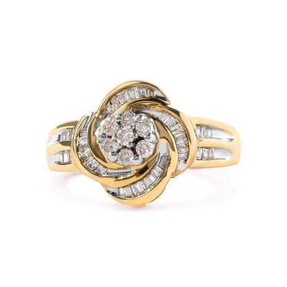 10K Yellow Gold 1/2 Cttw Round and Baguette Diamond Flower Swirl Cocktail Ring (I-J Color, SI2-I1 Clarity) - Bijoux-NYC Direct