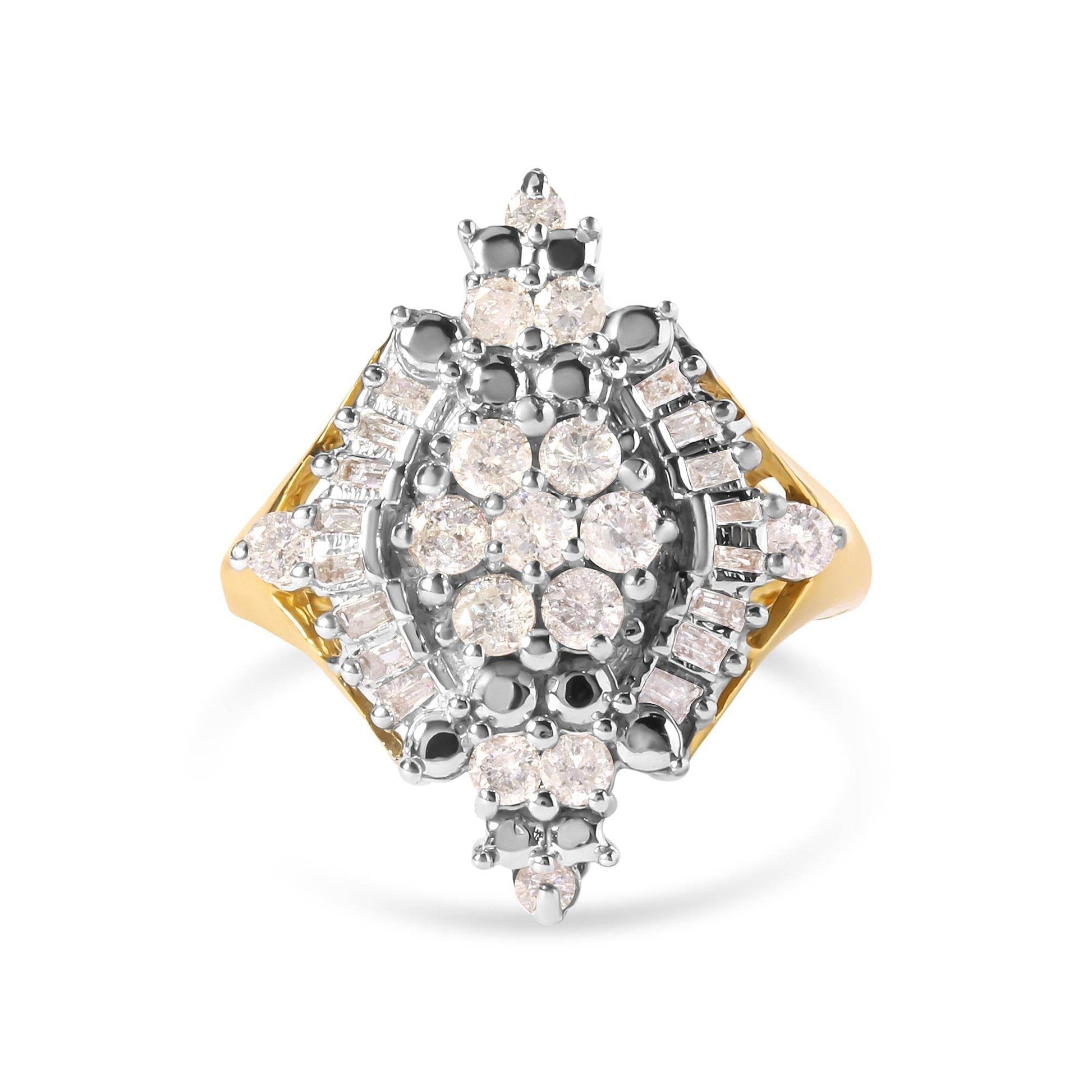 10K Yellow Gold 1 Cttw Round and Baguette cut Diamond Cluster and Rhombus Halo Ring (H-I Color, I1-I2 Clarity) - Bijoux-NYC Direct