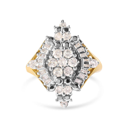 10K Yellow Gold 1 Cttw Round and Baguette cut Diamond Cluster and Rhombus Halo Ring (H-I Color, I1-I2 Clarity) - Bijoux-NYC Direct