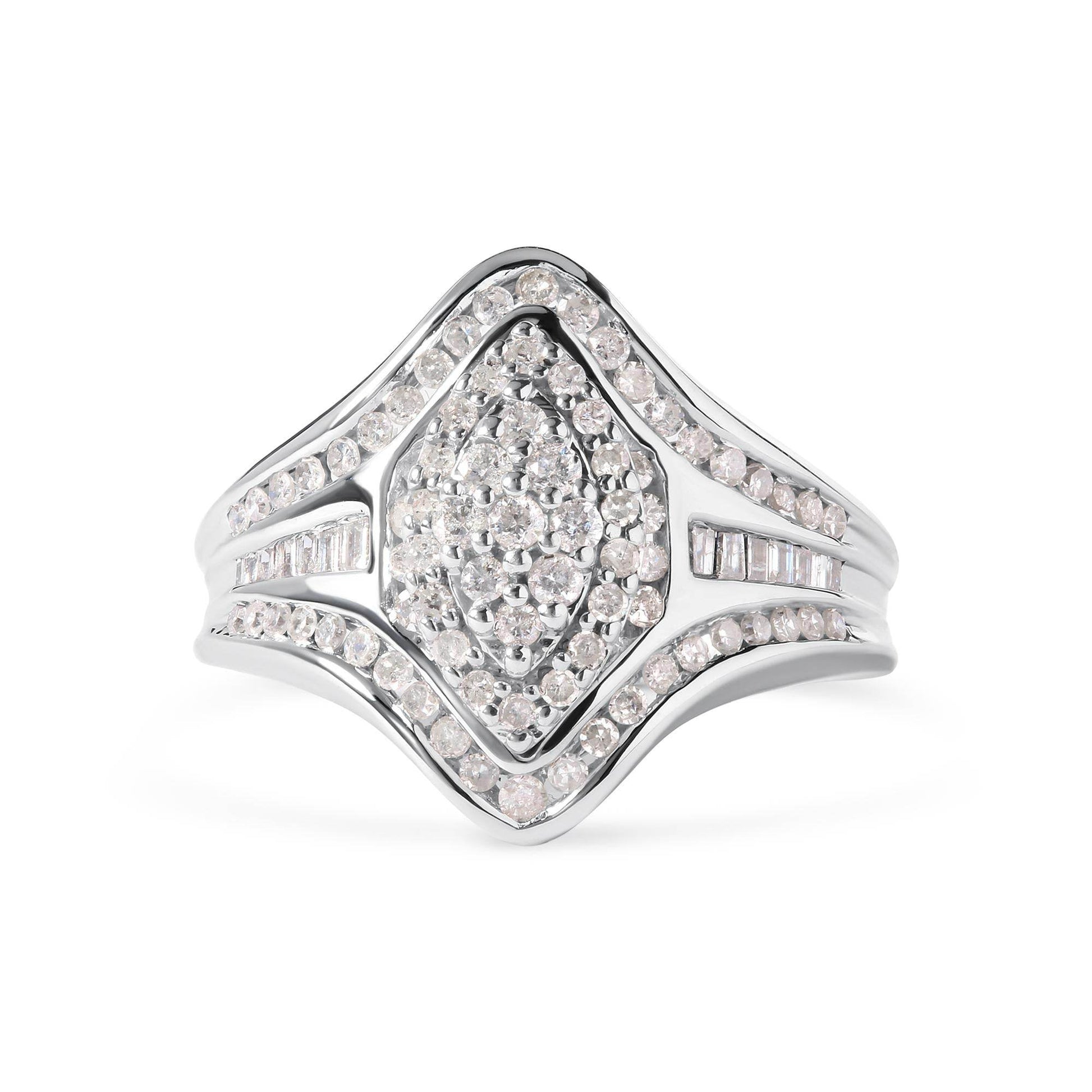 14K White Gold 3/4 Cttw Round and Baguette cut Diamond Cluster Ring (H-I Color, I1-I2 Clarity) - Bijoux-NYC Direct