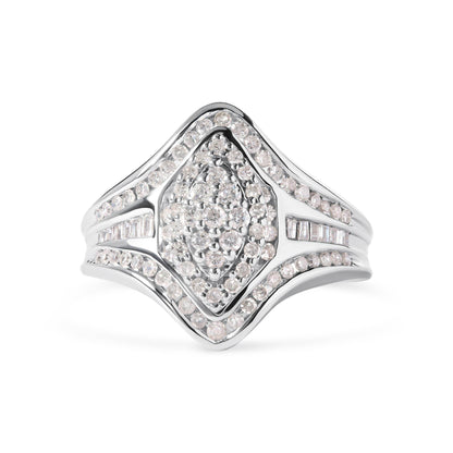 14K White Gold 3/4 Cttw Round and Baguette cut Diamond Cluster Ring (H-I Color, I1-I2 Clarity) - Bijoux-NYC Direct