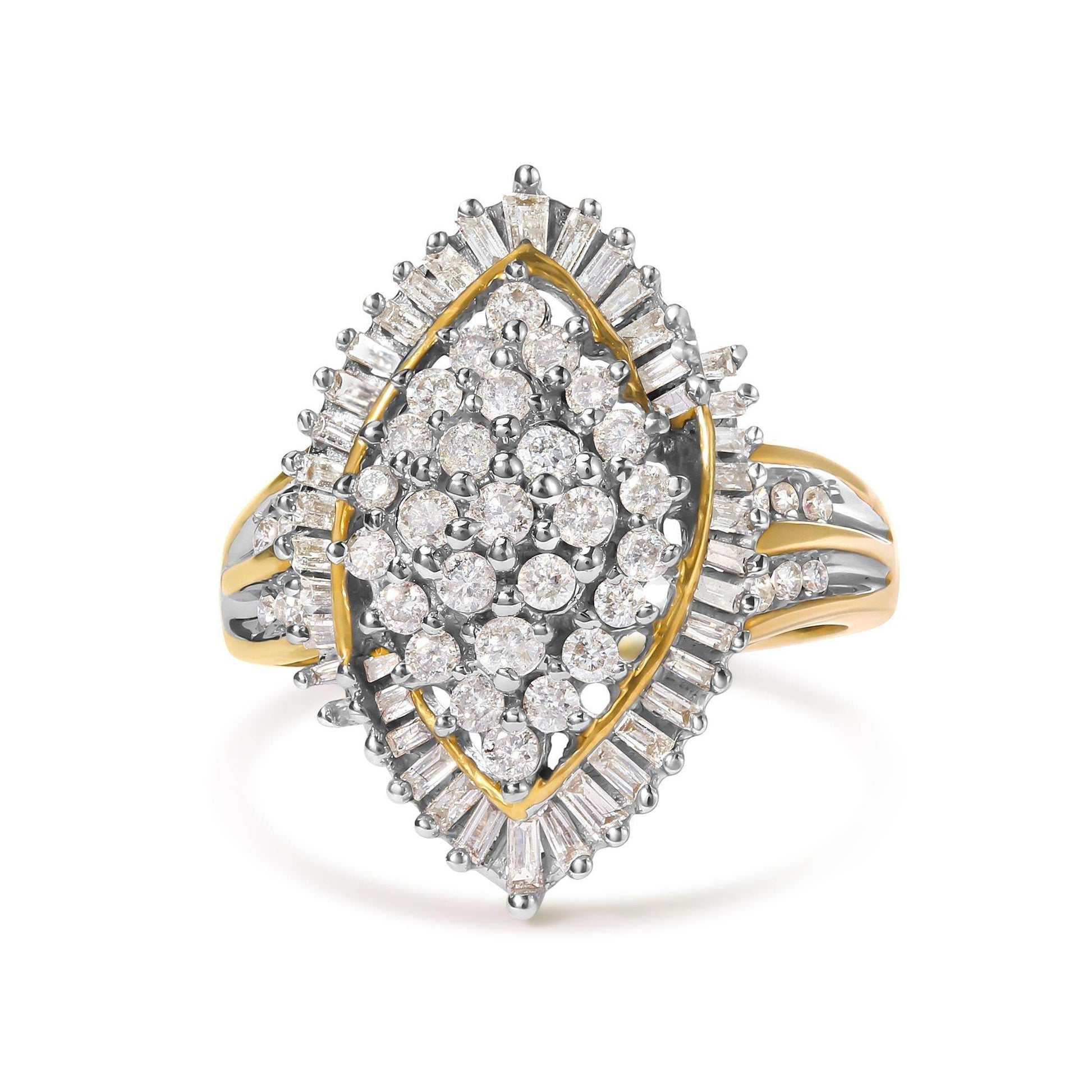 10K Yellow Gold 1.0 Cttw Round and Baguette-Cut Diamond Cluster Ring (I-J Color, SI2-I1 Clarity) - Bijoux-NYC Direct