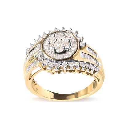 10K Yellow Gold 1 Cttw Round and Baguette cut Diamond Cluster Swirl Band Ring (H-I Color, I1-I2 Clarity) - Bijoux-NYC Direct
