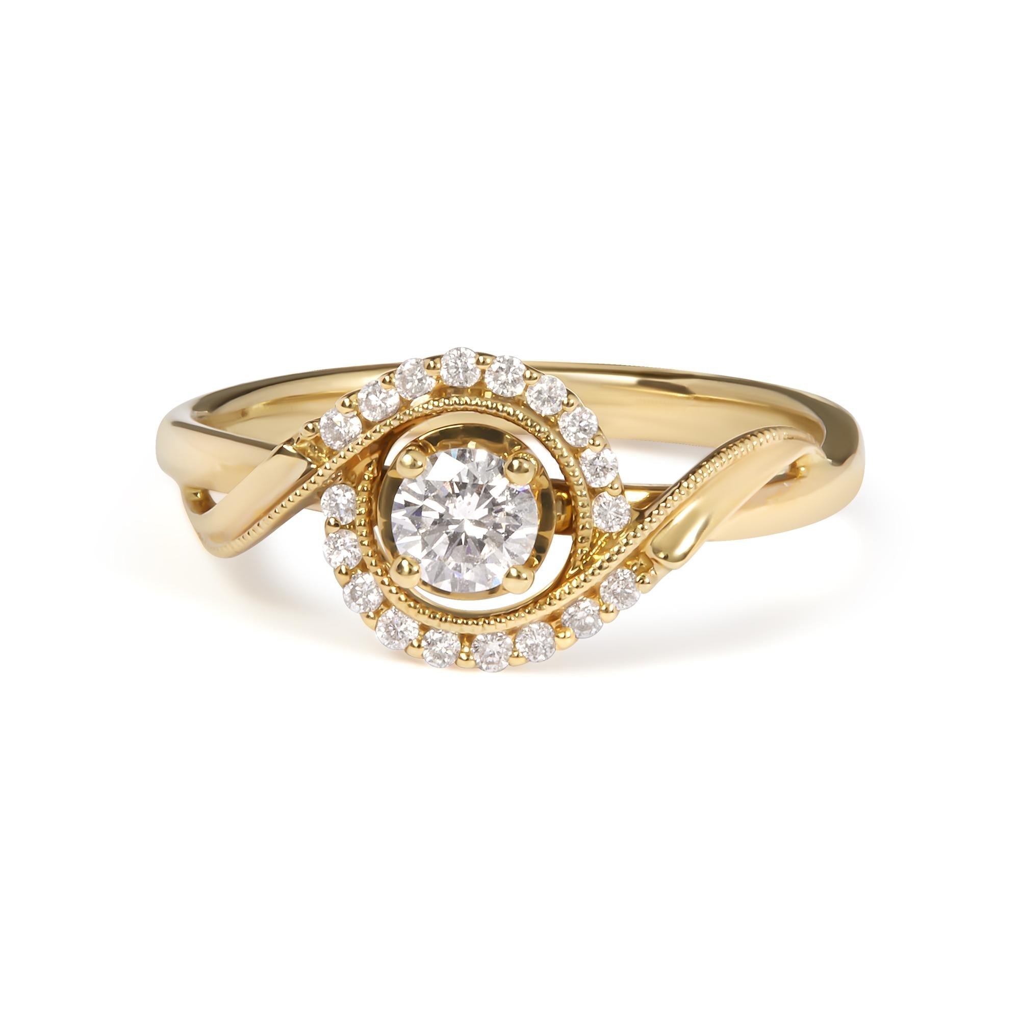 14K Yellow Gold 1/3 Cttw Diamond Solitaire and Halo Swirl Engagement Ring (G-H, VS2–SI1) – Size 7