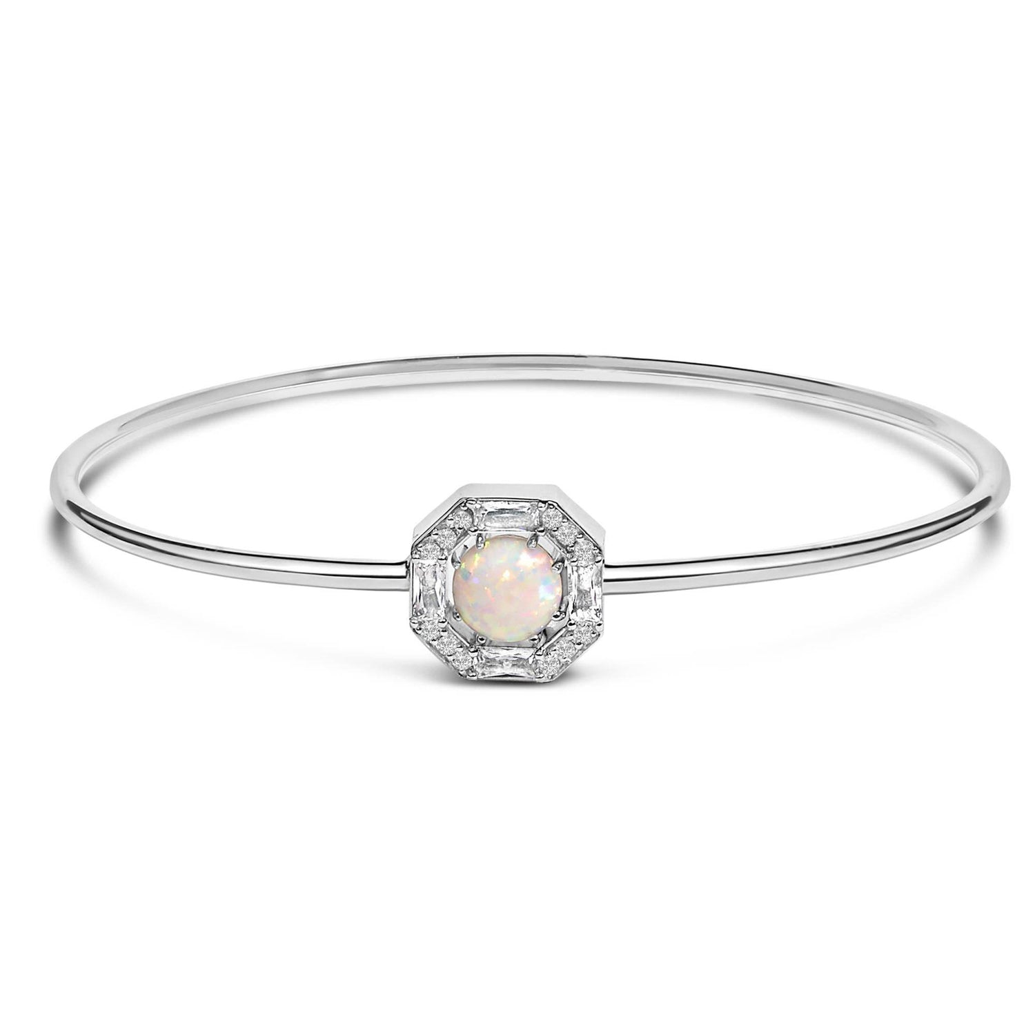.925 Sterling Silver 7X7MM Created Opal and White Sapphire Halo Bangle Bracelet - 7 Inches - Bijoux-NYC Direct